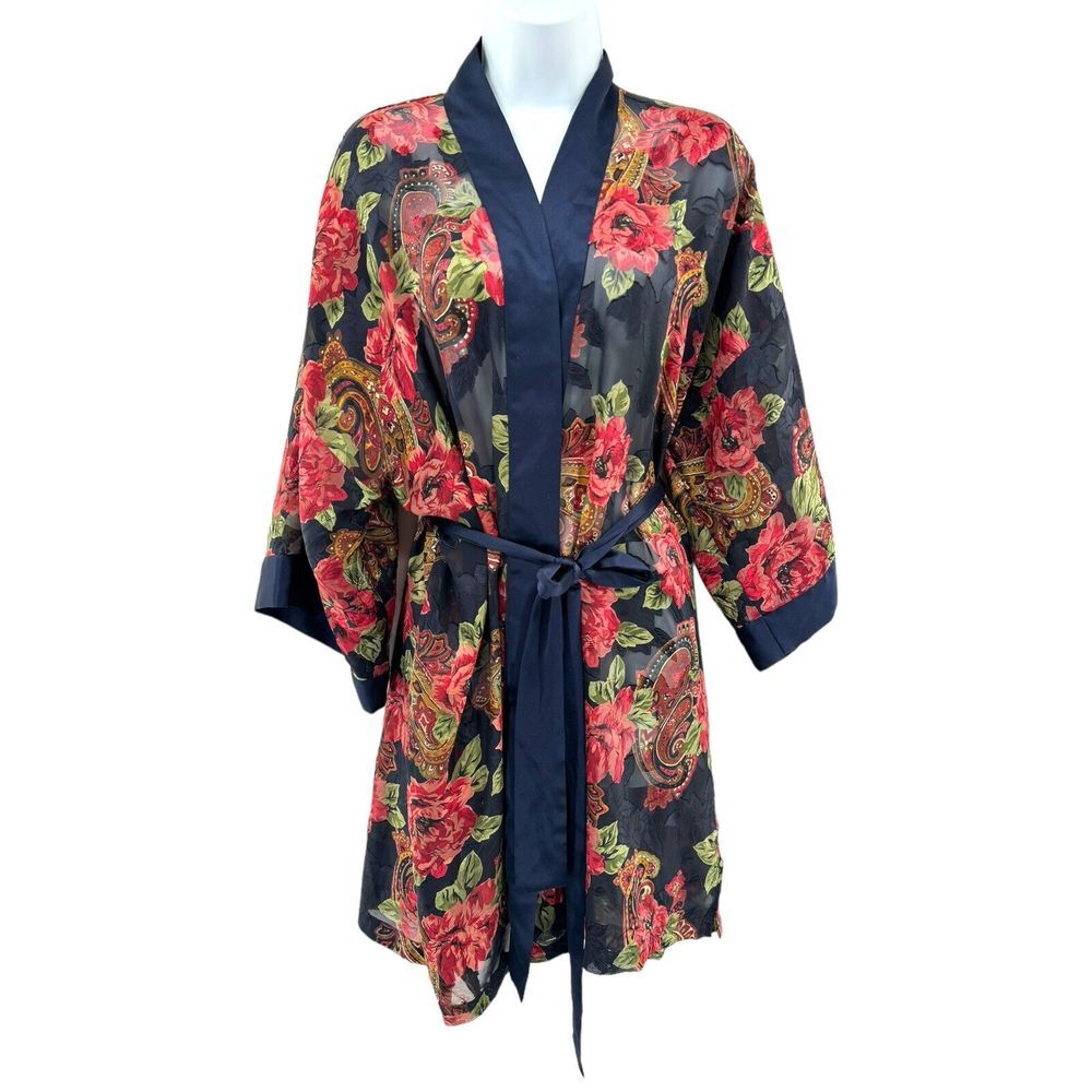 Vintage‎ 80s VS Gold Label Poly Chiffon Floral Brocade Jacquard Kimono Robe